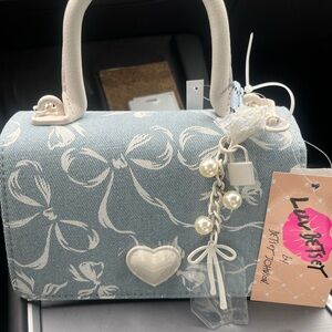 Blue and White Patterned Handbag with Pearl Accents BETSY JOHNSON